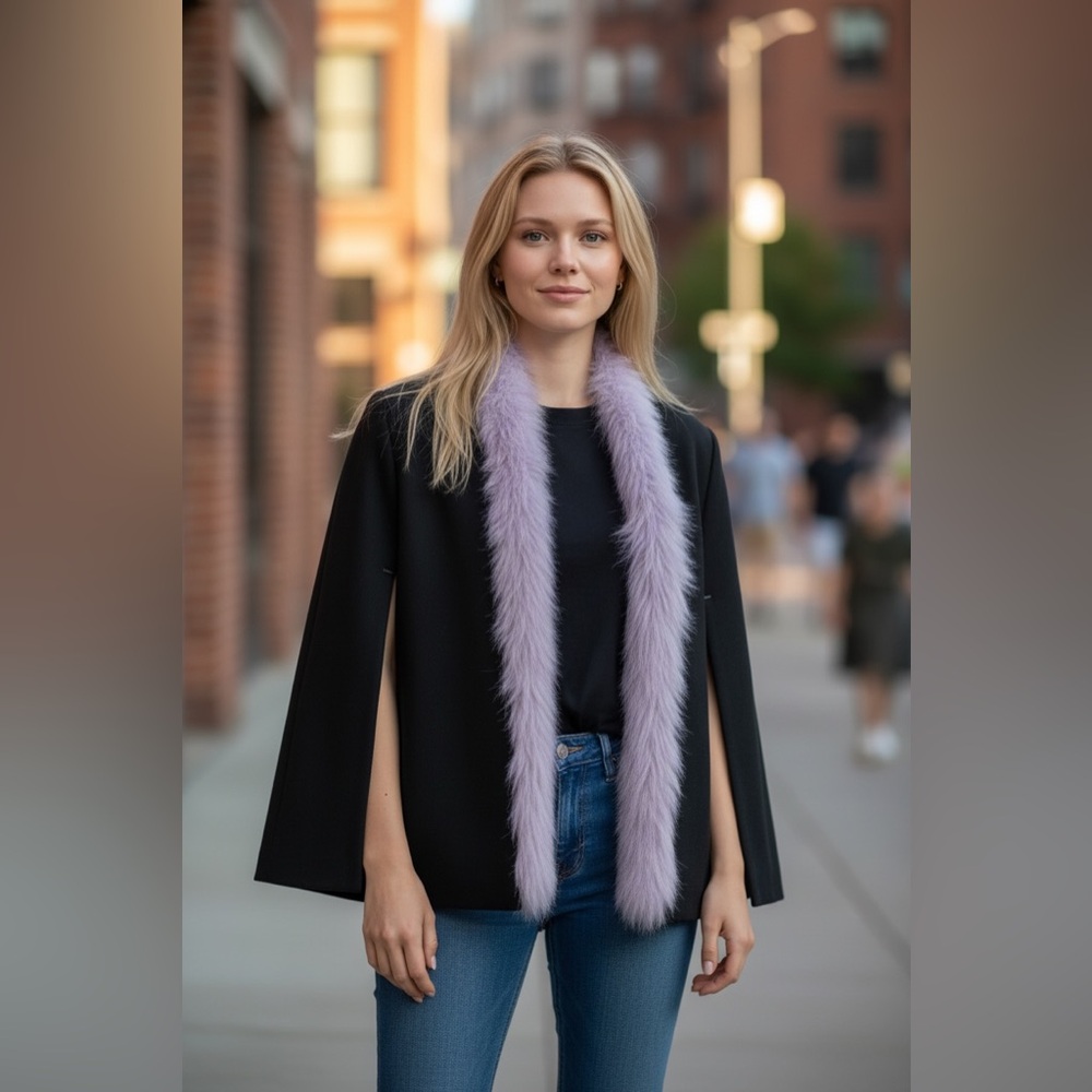 NWOT Venus Faux Fur Trim Cape Jacket Black Lavender Purple Boa Scarf Penny Lane